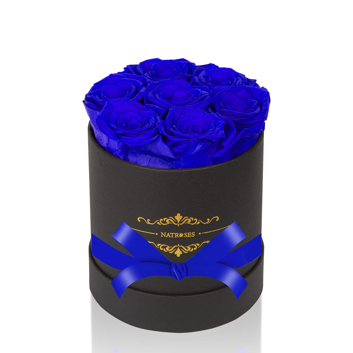 NATROSES royal blue box front view showing elegant gift presentation and lasting beauty