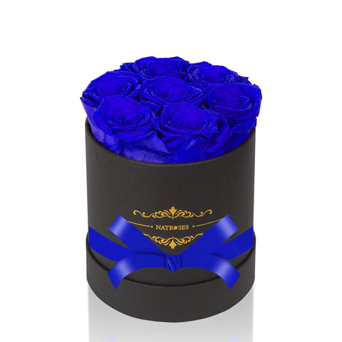 NATROSES royal blue box front view showing elegant gift presentation and lasting beauty