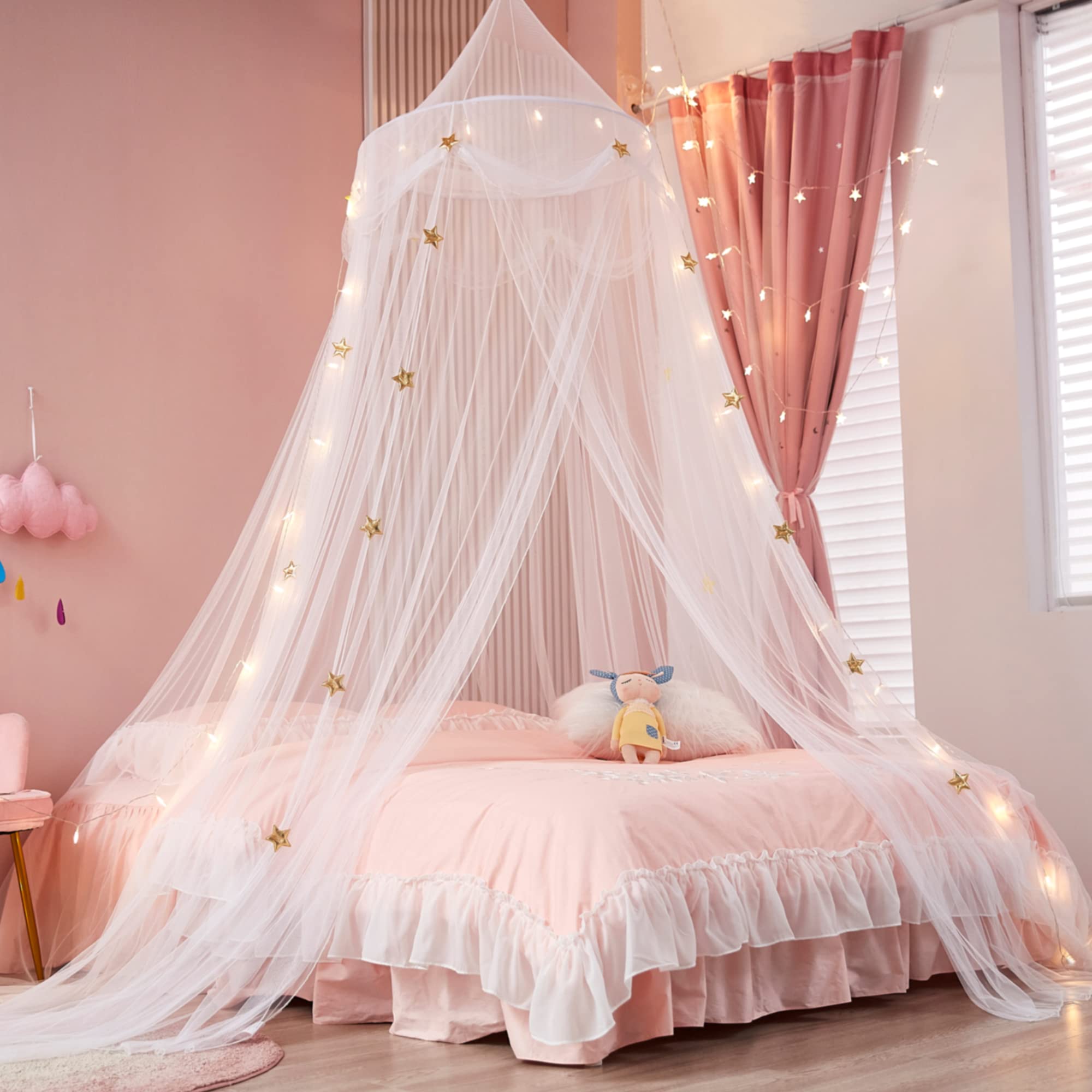 Nattey front view of canopy and hoop showing included hook and lights, adds cozy decor