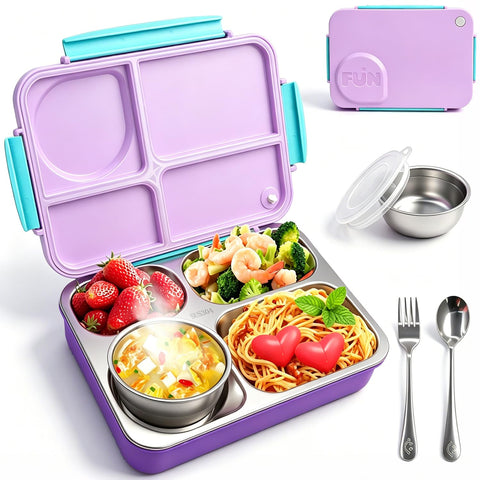 NaTuGi front view of purple stainless steel lunch box showing secure buckles and color
