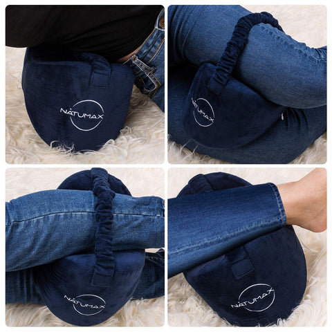 NATUMAX pillow in use between knees demonstrating side-sleeper comfort
