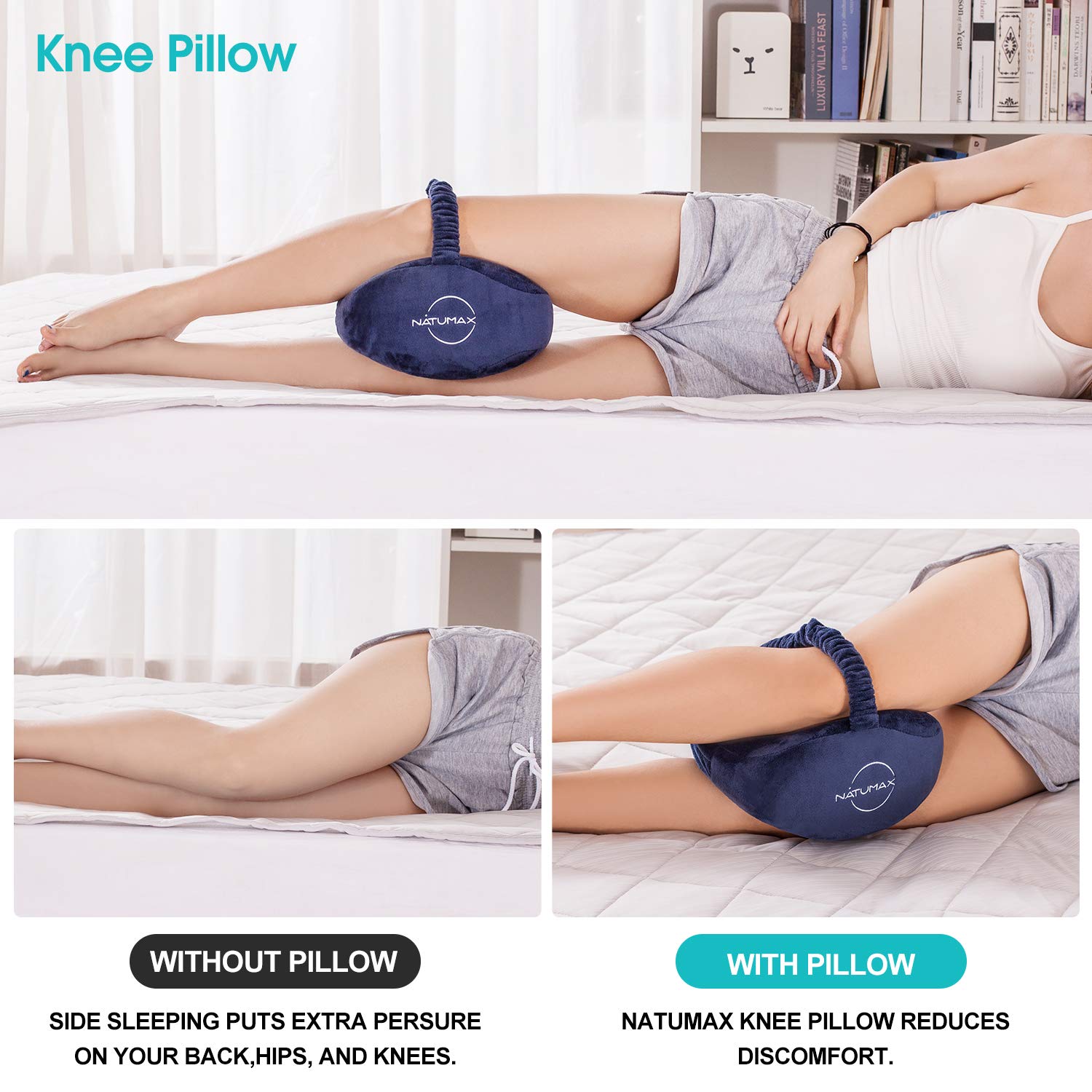 NATUMAX knee pillow strapped between legs keeping alignment for uninterrupted sleep