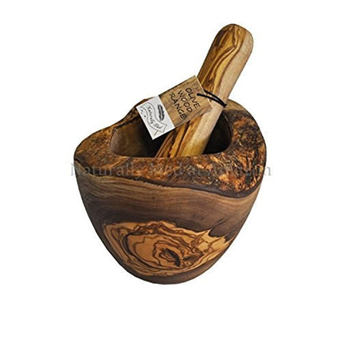 Naturally Med front view showing rustic olive wood and rounded rim for durable grinding