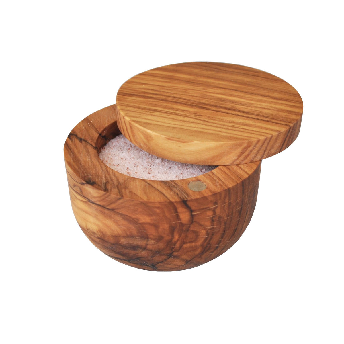 Naturally Med olive wood salt keeper front view shows elegant grain and accessible opening