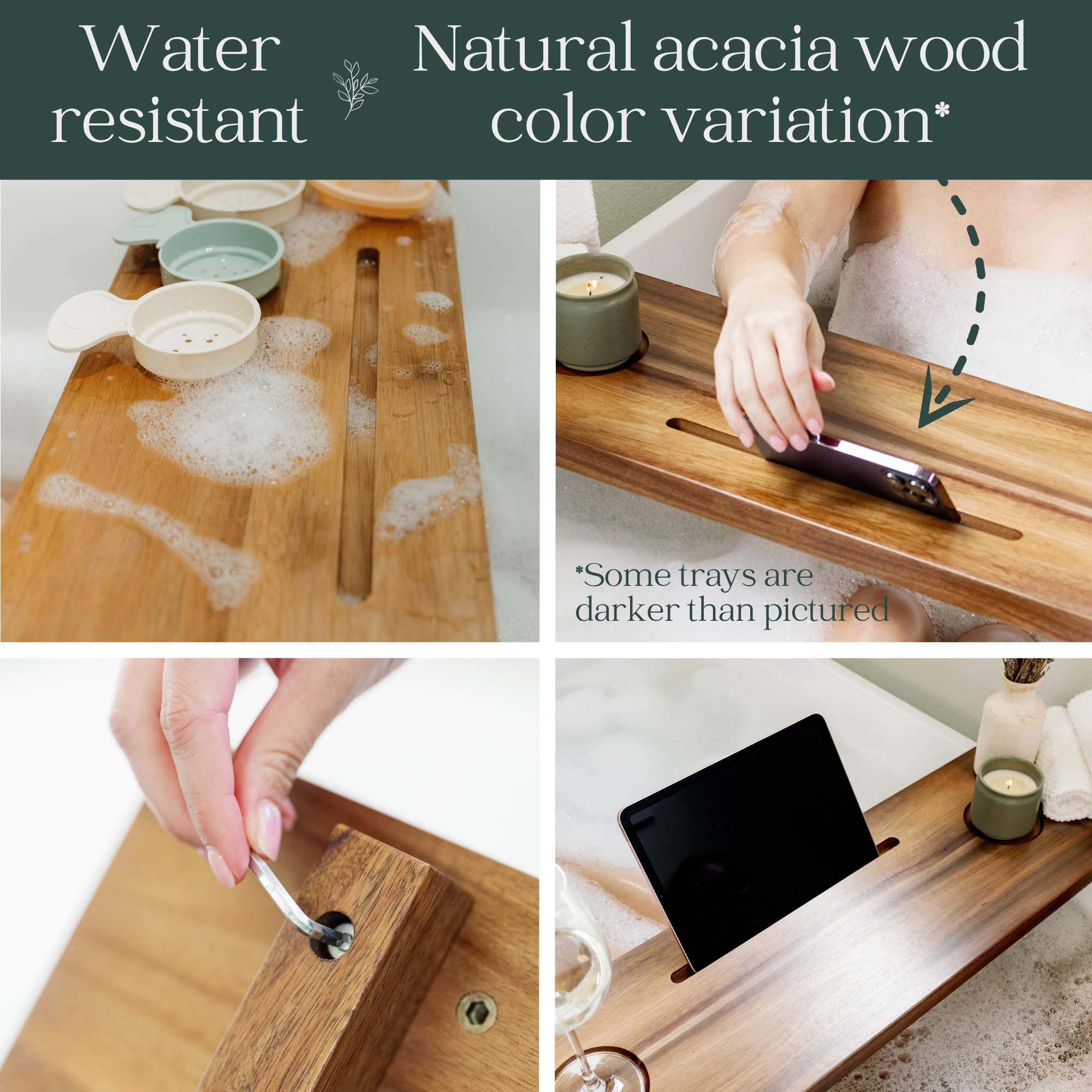 Nature Shed acacia tray in a styled bathroom showing elegance enhancing decor