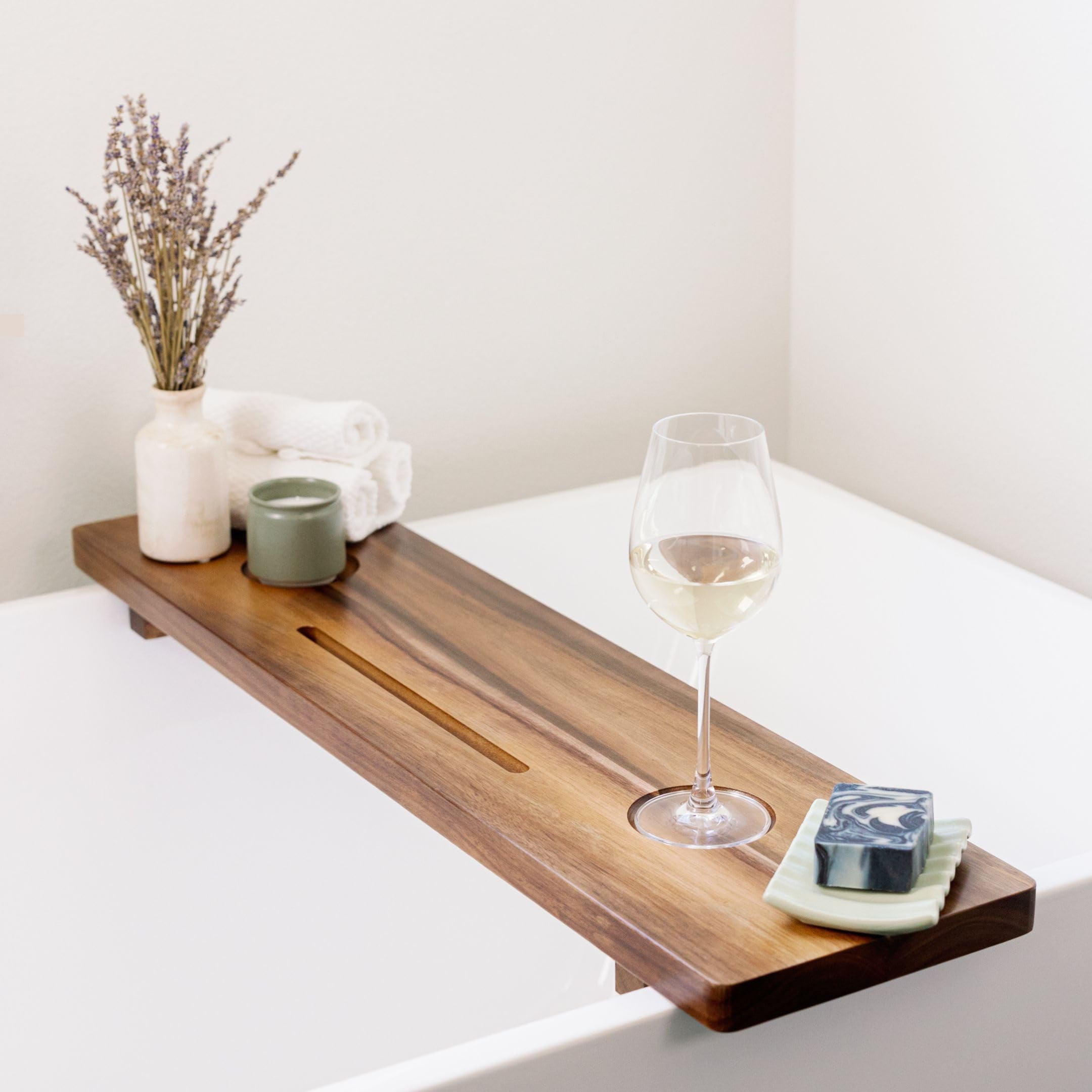 Nature Shed front view of acacia bath tray showing sturdy luxury finish and organization