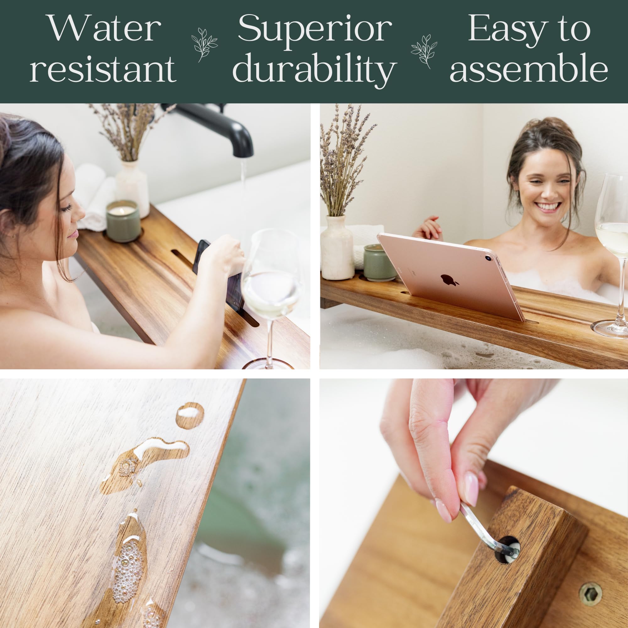 Nature Shed tray in use across tub with candle and book conveying a relaxing bath scene