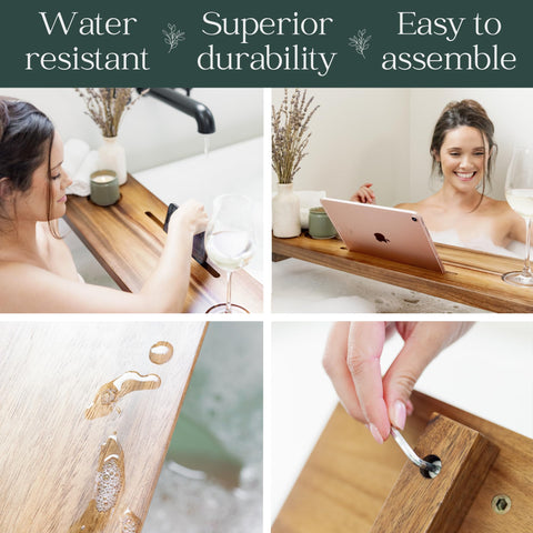 Nature Shed tray in use across tub with candle and book conveying a relaxing bath scene