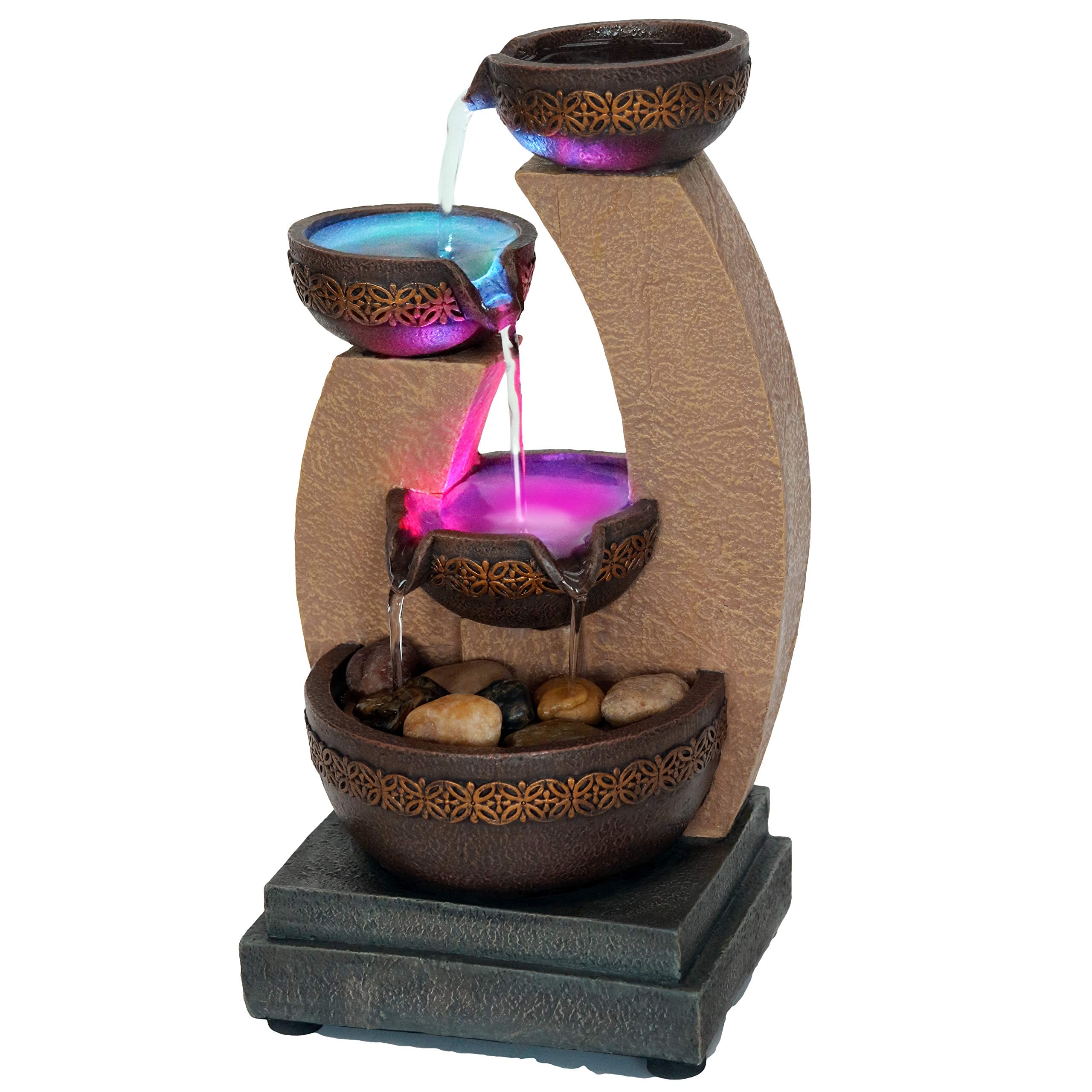 Nature's Mark front view of golden tiered bowl fountain showing form and finish benefits ambient decor