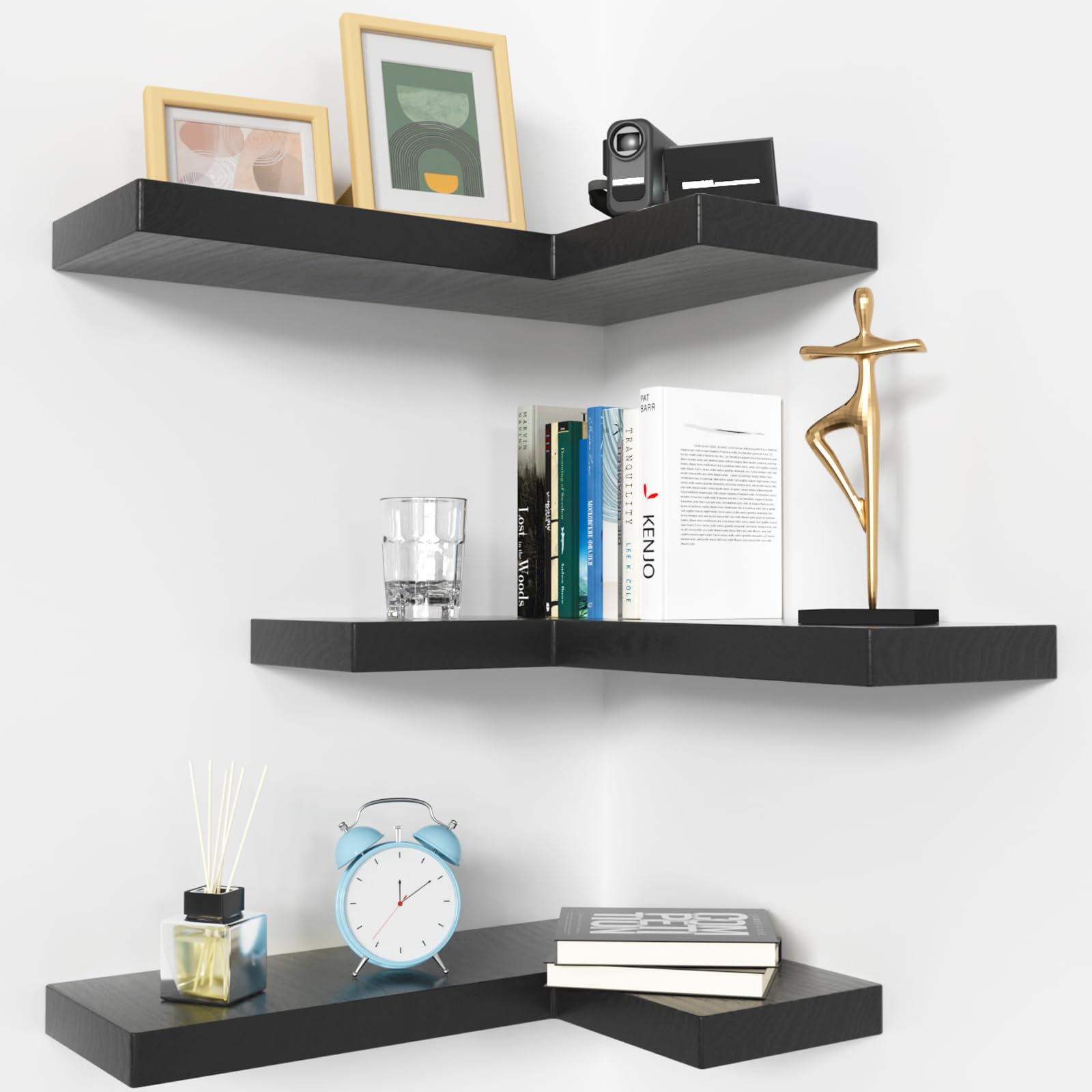 NATURE'S SOURCE front view of single floating corner shelf showing clean edge and benefit: space-saving display
