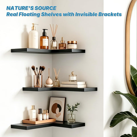 NATURE'S SOURCE mounted shelf in bathroom holding toiletries offering organized small-space benefit