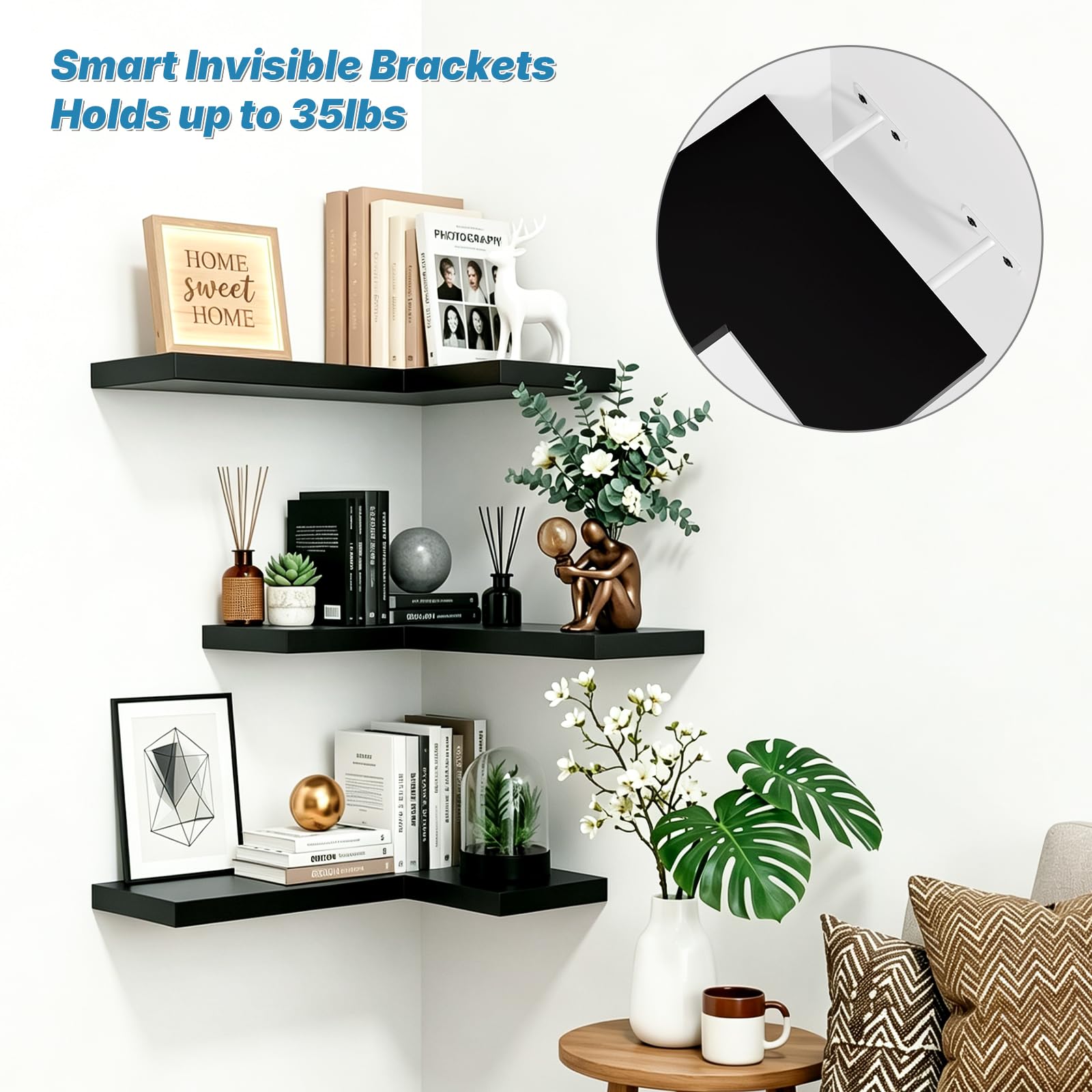 NATURE'S SOURCE corner shelf styled with plants and photos providing decorative display benefit