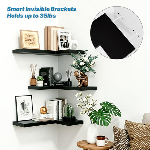 NATURE'S SOURCE corner shelf styled with plants and photos providing decorative display benefit