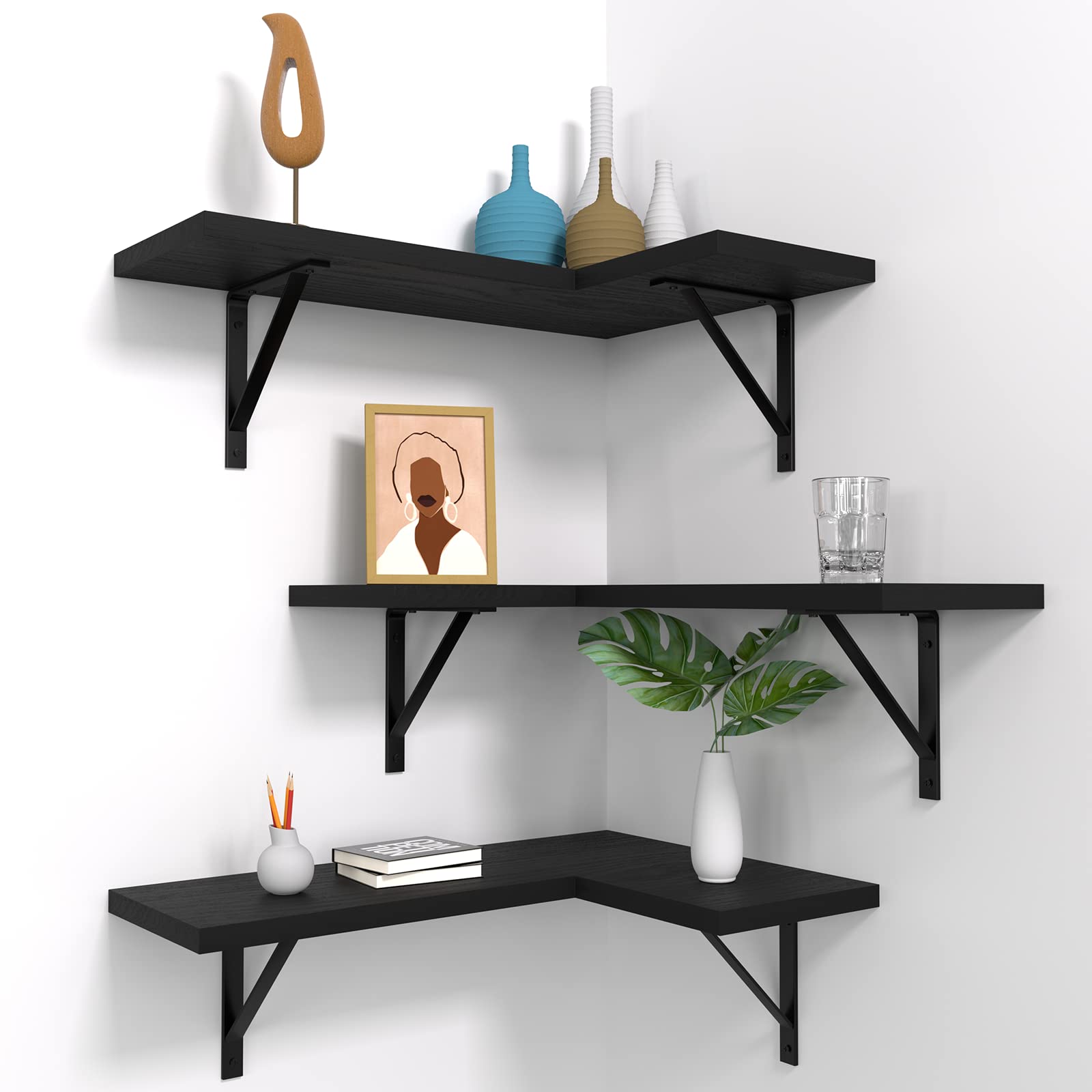 NATURE'S SOURCE front view of three black corner shelves showing clean lines and storage benefit