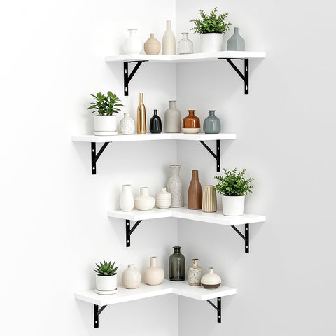 NATURE'S SOURCE front view of four white corner floating shelves showing clean lines and benefit of space-saving
