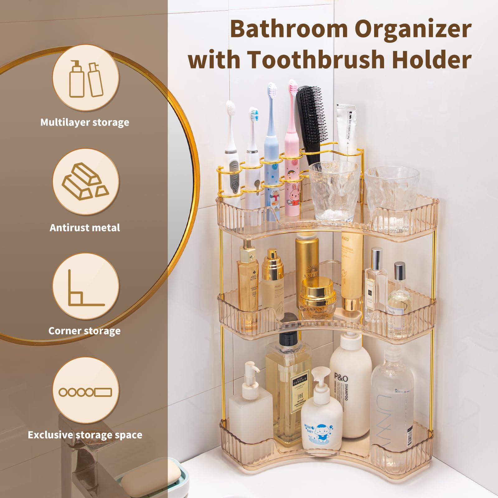 NATURE'S SOURCE styled bathroom counter showing corner-saving and decluttering benefit