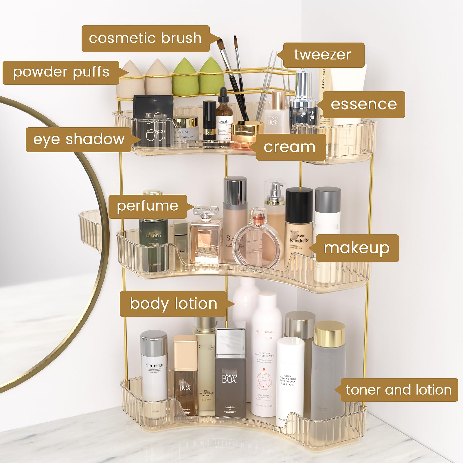 NATURE'S SOURCE perfumes arranged on top tier highlighting elegant display benefit