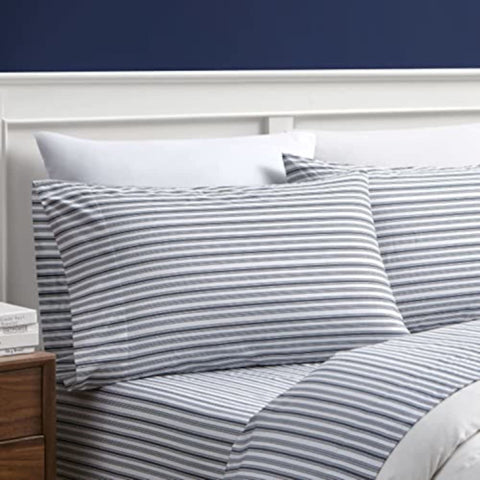 Nautica front packaging showing Coleridge Stripe Grey bedding benefits