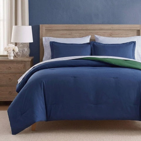 Nautica comforter front view showing navy side and clean bedside appeal