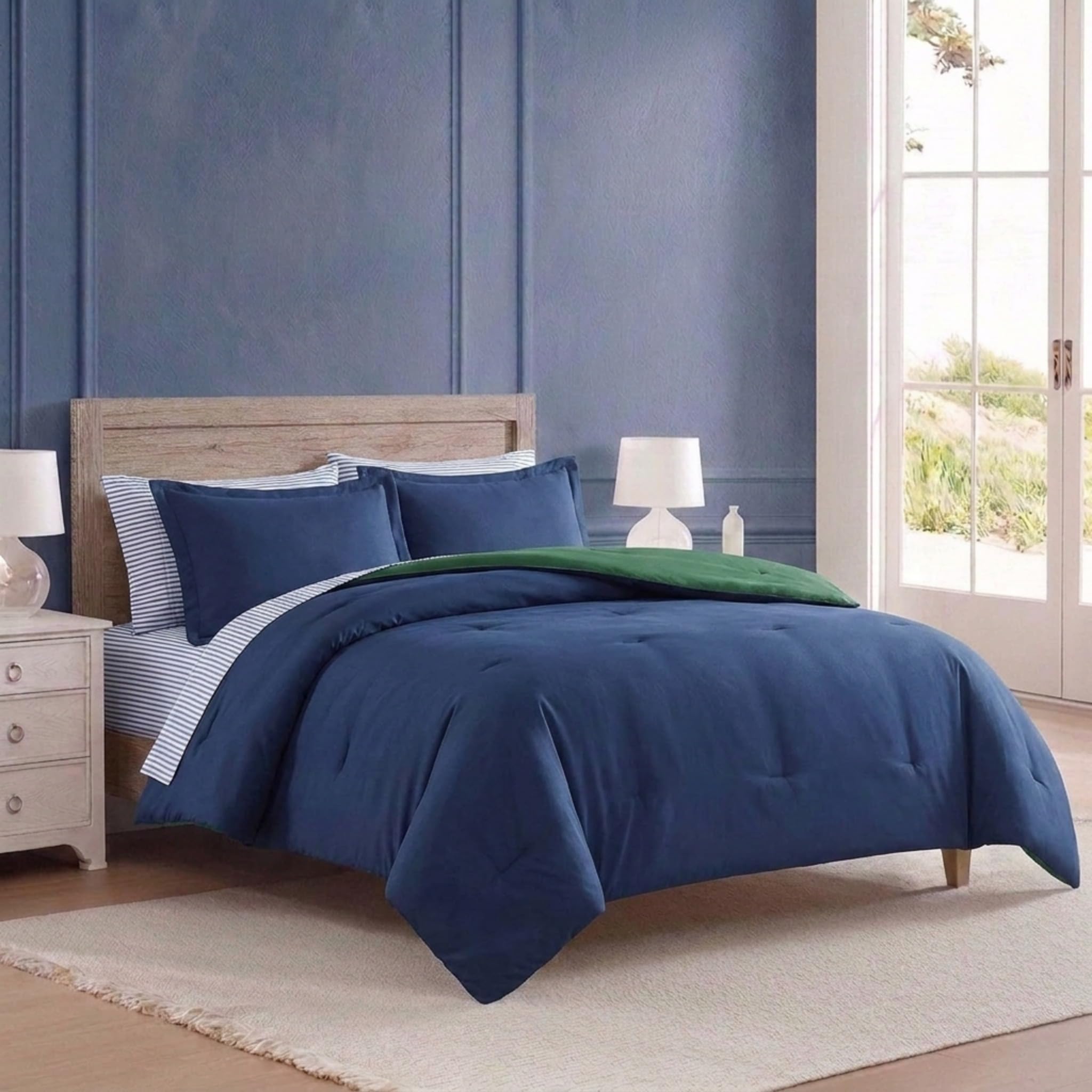 Nautica comforter reverse side showing green option for quick style change