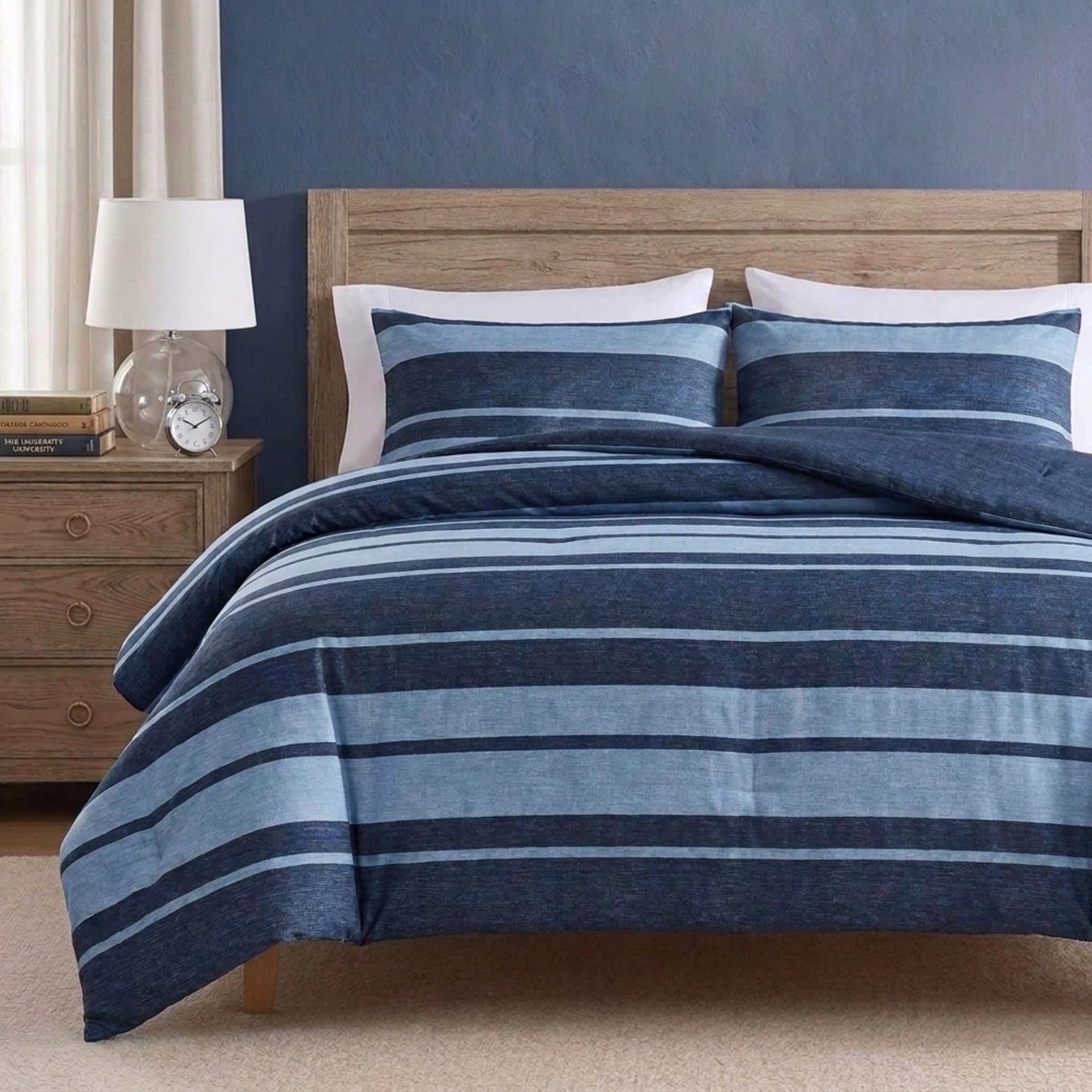 Nautica front view of comforter set showing Longpoint Blue and reversible style benefits