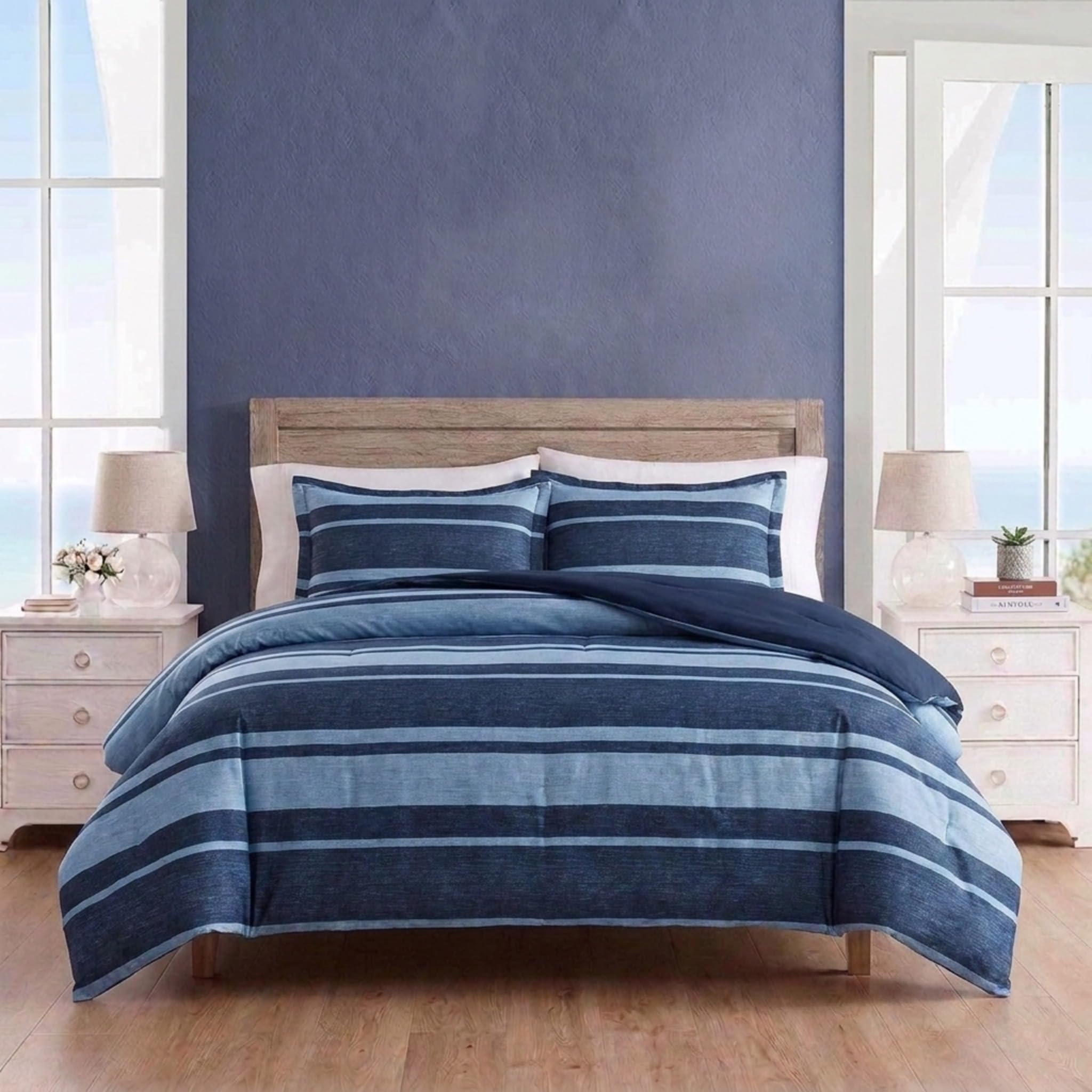 Nautica on Twin XL bed showing full coverage and correct sizing for longer mattresses