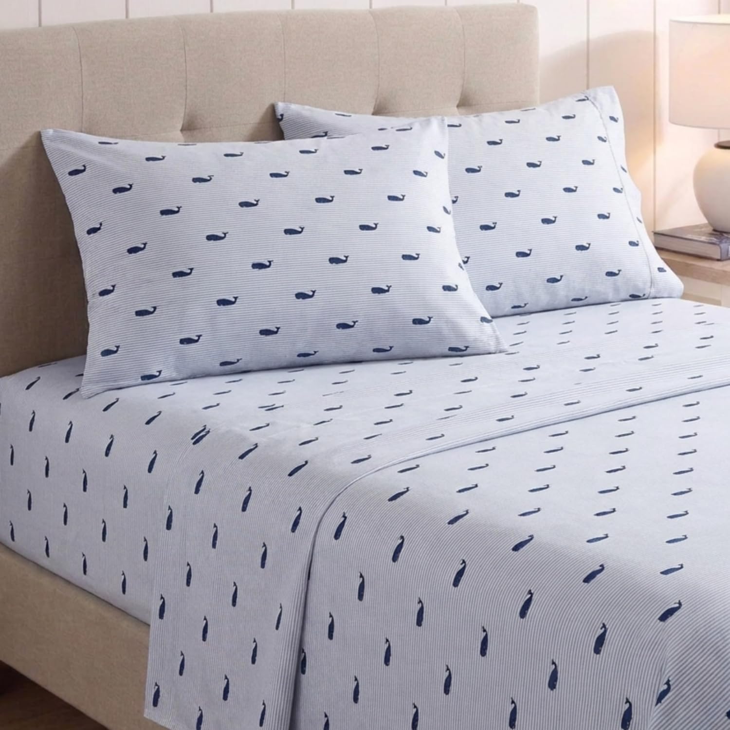 Nautica flat sheet spread to display Whale Stripe Blue nautical pattern