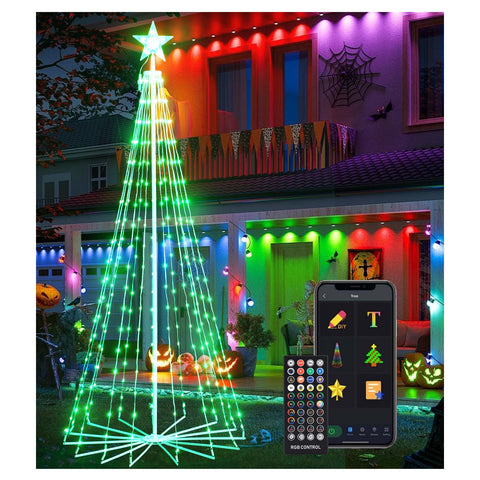 NAWEISIX spiral tree front view showing colorful LEDs and clear silhouette benefit: eye-catching curb appeal