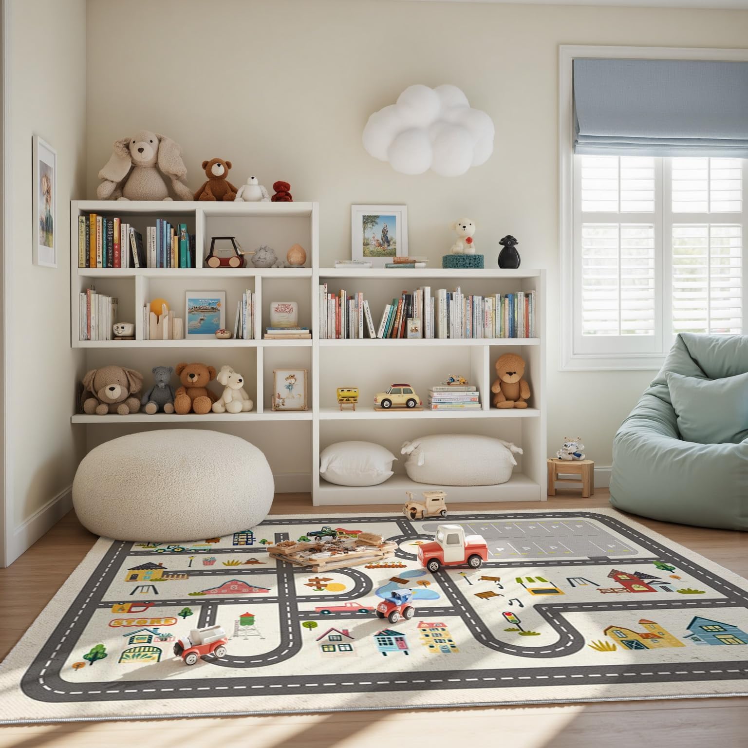 Nayoroom kids using cars on rug encouraging imaginative play and storytelling