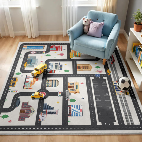 Nayoroom front view of city map rug showing roads and buildings for play