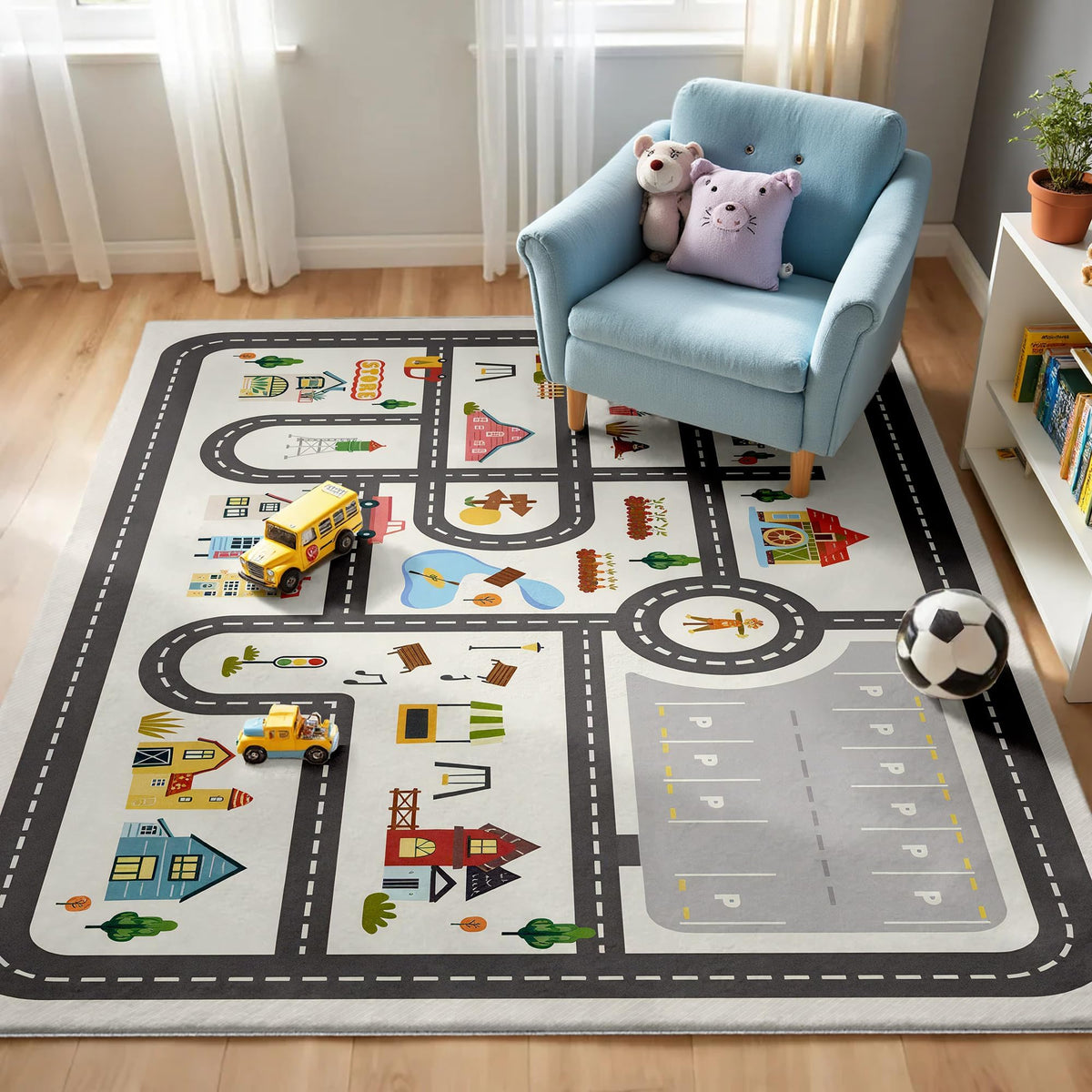 Nayoroom front view of town road rug showing full map and bright colors for play