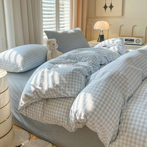 Nayoroom front view of blue and white gingham duvet cover showing clean styling and calm design