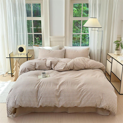 Nayoroom brown gingham duvet cover front view shows warm plaid and neat finish