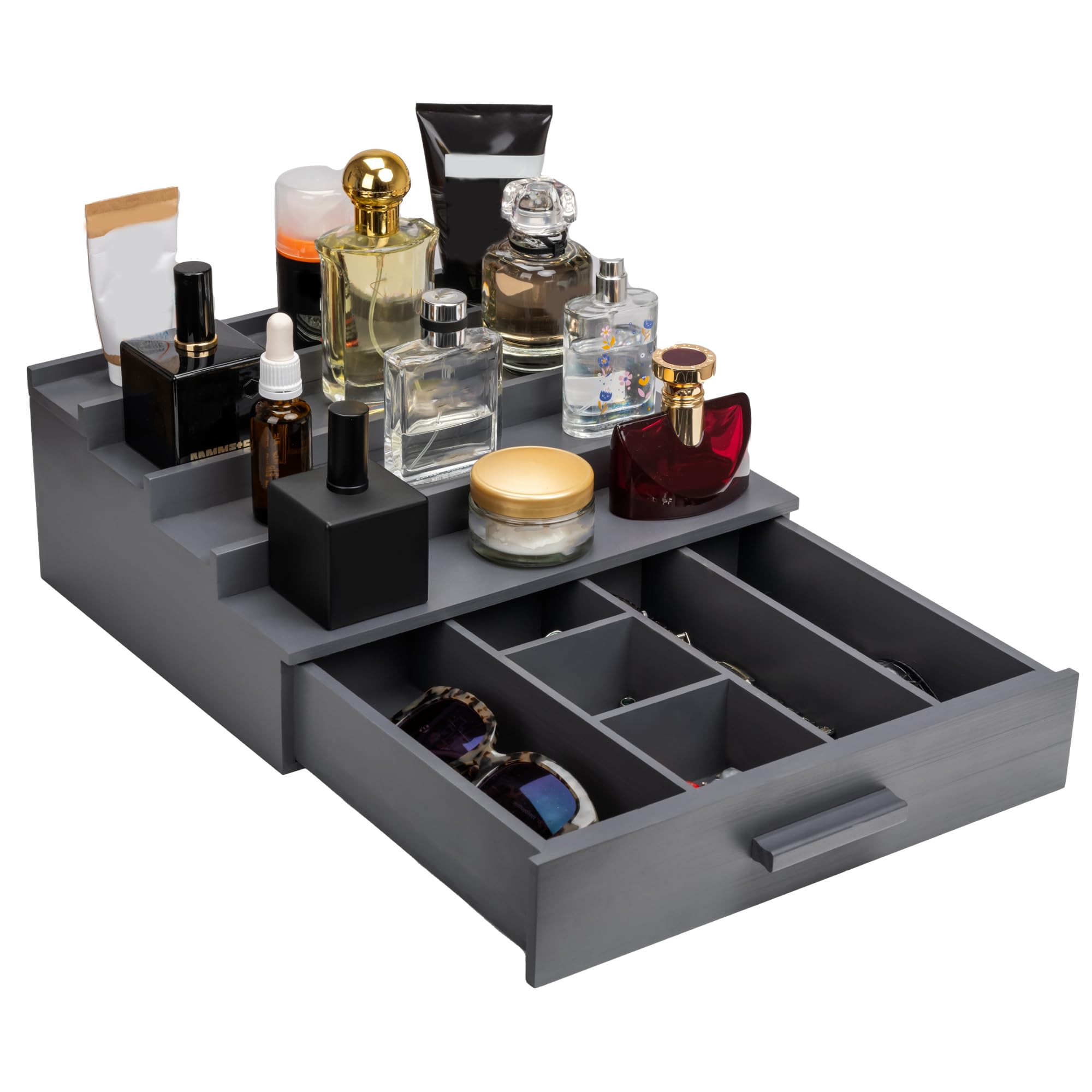 NAYPUEVAN front view gray wood cologne organizer shows neat bottle display and elegance