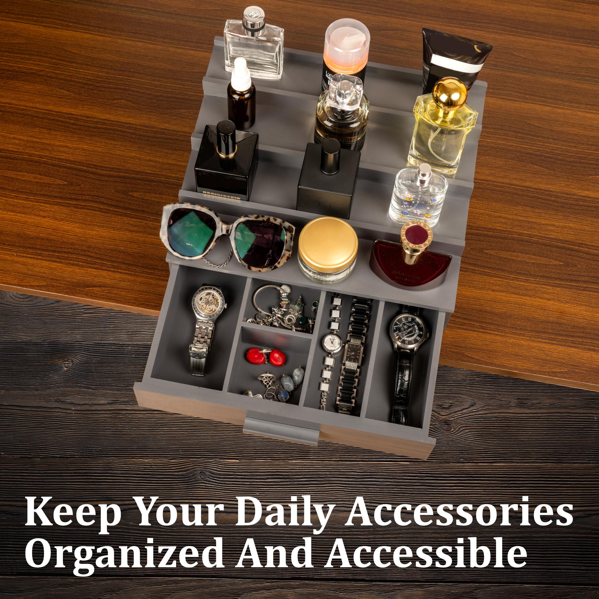 NAYPUEVAN velvet-lined drawer filled with watches and accessories for organized storage