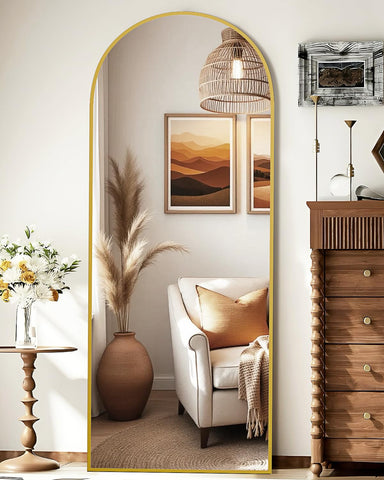 NBGV arched full-length mirror front view showing elegant gold finish benefit of room brightening