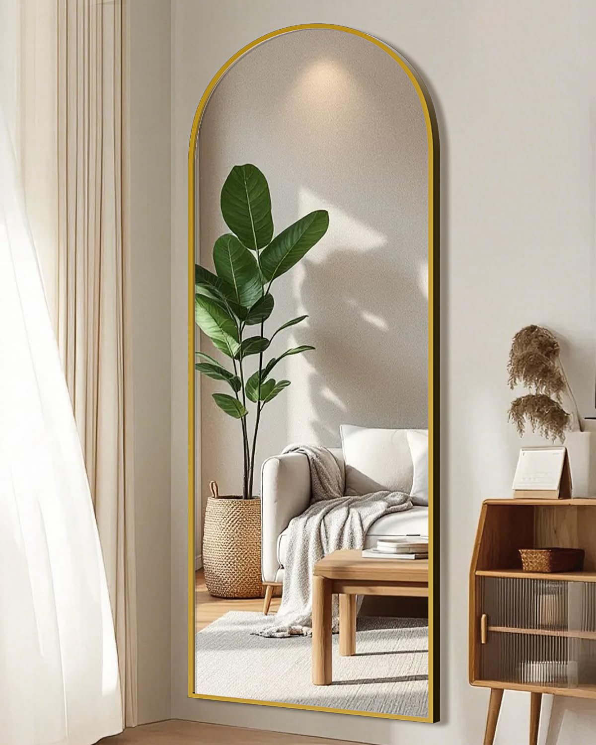 NBGV mirror leaning against wall in entryway showing space-saving styling benefit