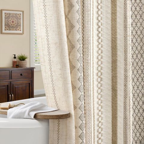 NDDYCU front view of linen curtain showing boho stripes and full coverage benefit