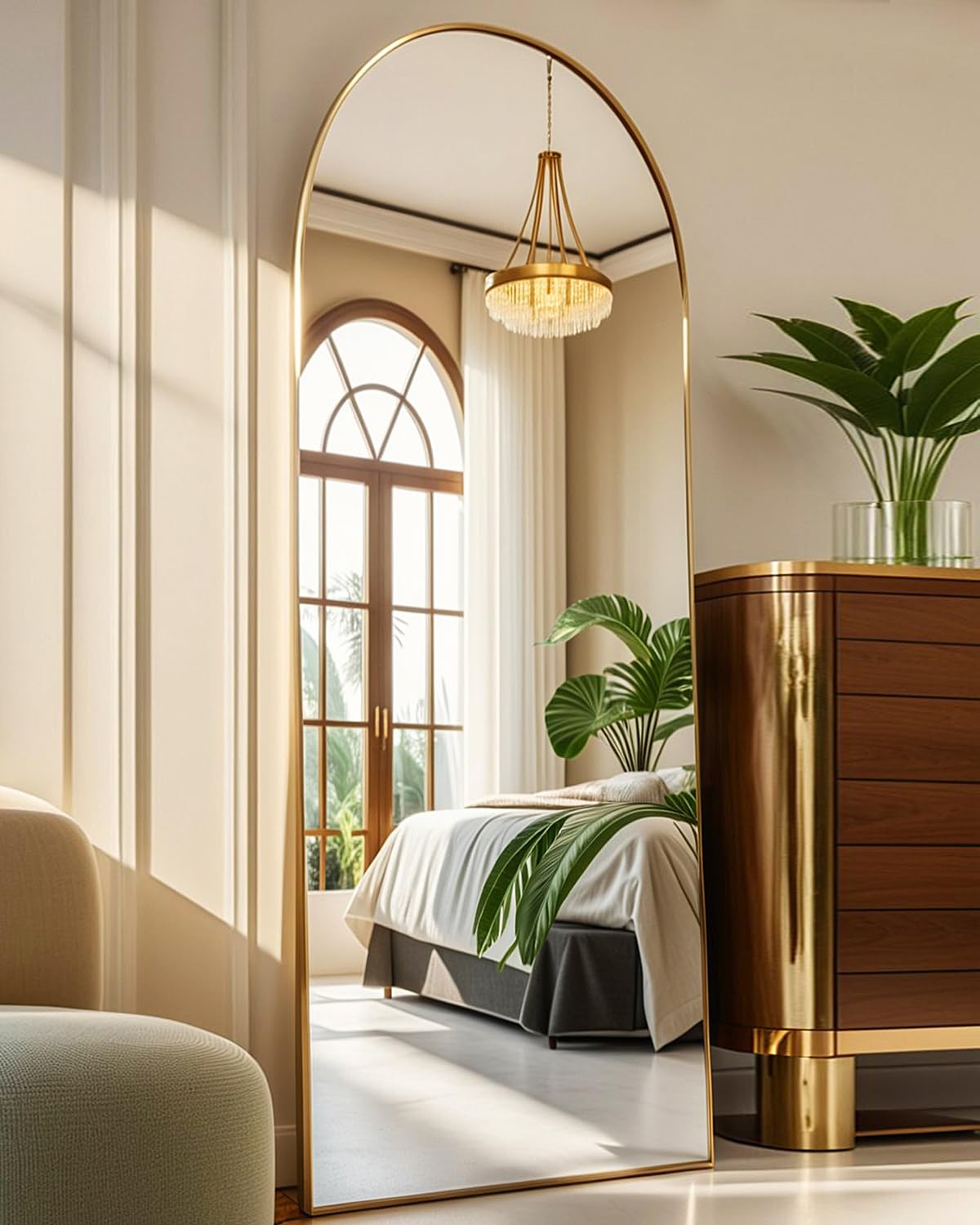 NEARBYSD arched full-length mirror front view, elegant room-enhancing reflection