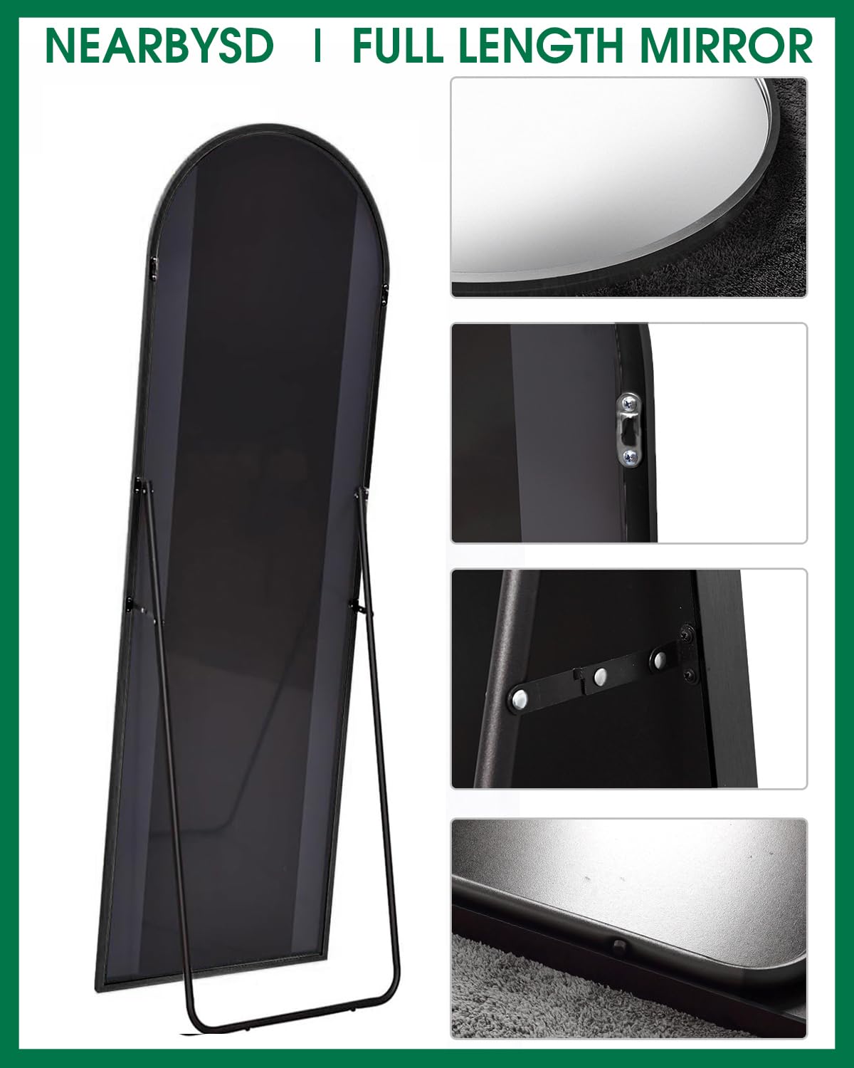 NEARBYSD leaning mirror in bedroom showcasing space-saving styling benefit