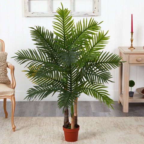 Nearly Natural Areca palm styled in living room adding green focal point and decor balance