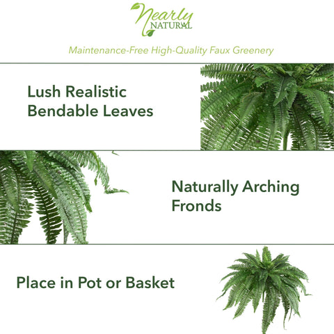 Nearly Natural fern beside chair showing scale and room-filling presence