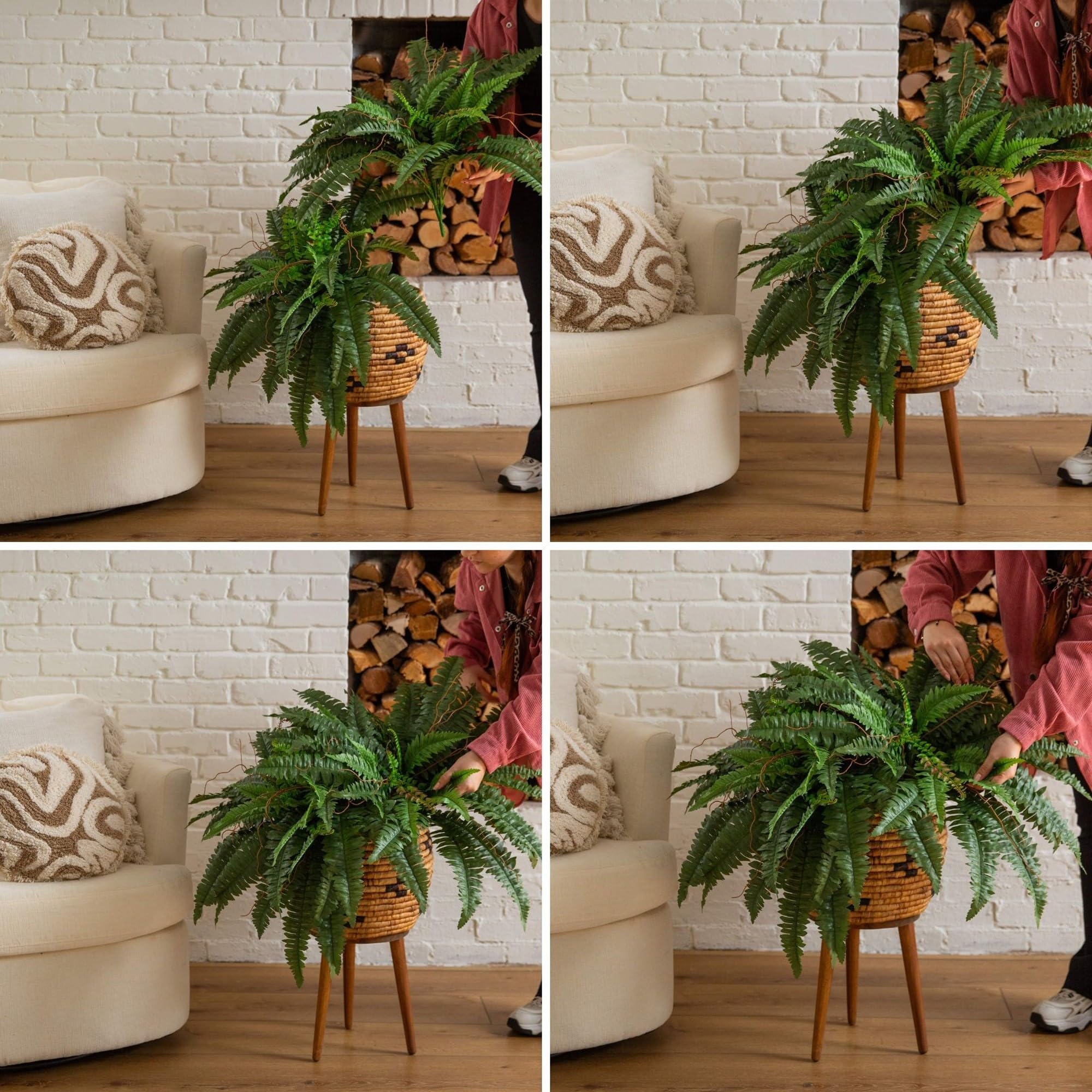 Nearly Natural fern next to chair showing scale and how it fills empty corners