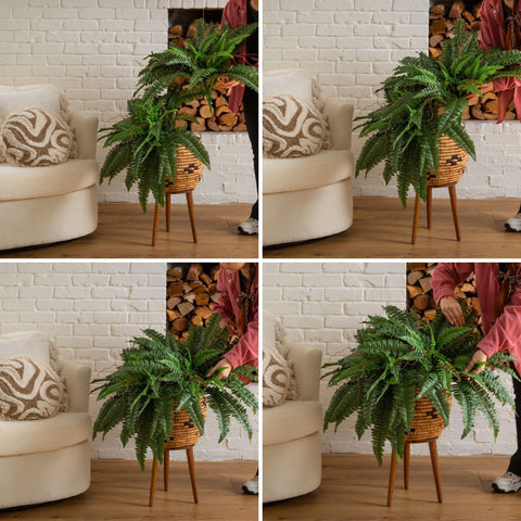 Nearly Natural fern next to chair showing scale and how it fills empty corners
