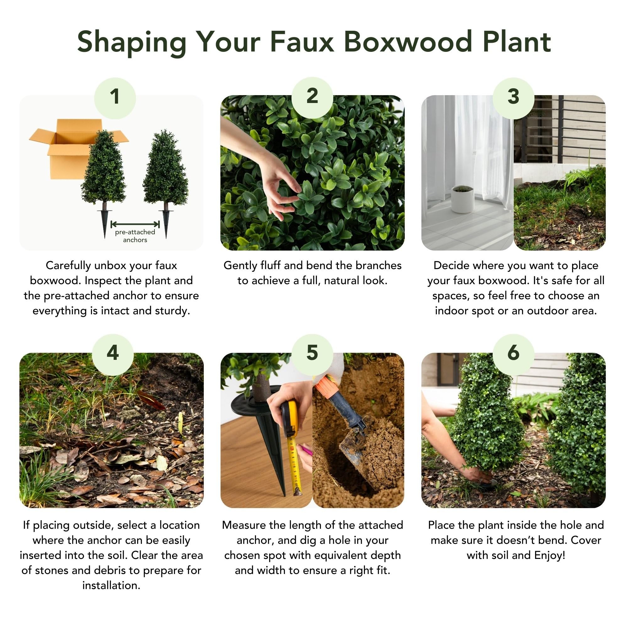 Nearly Natural boxwood packaging with included stakes for quick setup