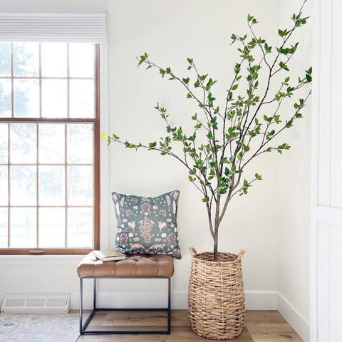 Nearly Natural citrus tree placed in a modern living room adding vertical interest and calm ambience