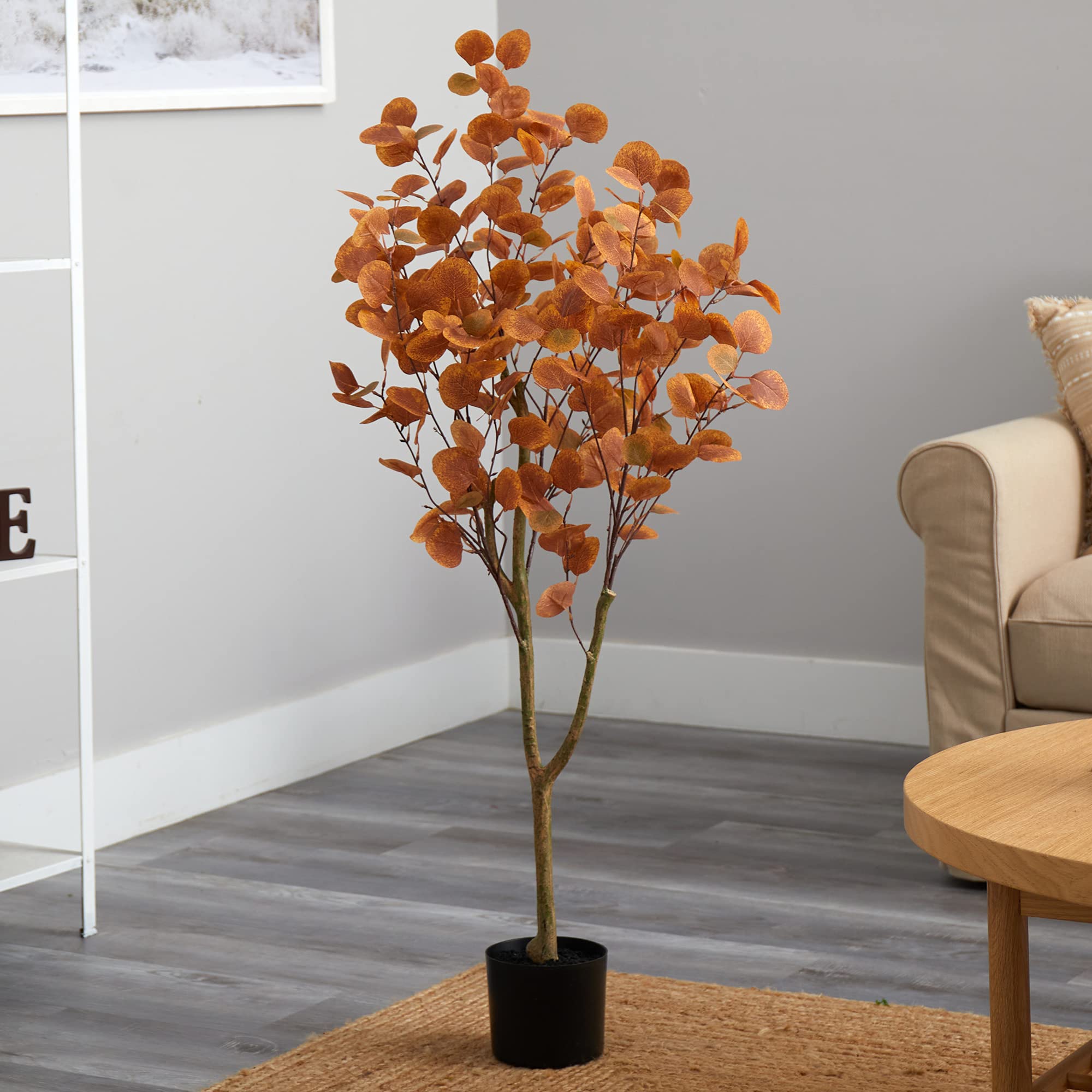 Nearly Natural eucalyptus tree staged in living room adding soft greenery benefit