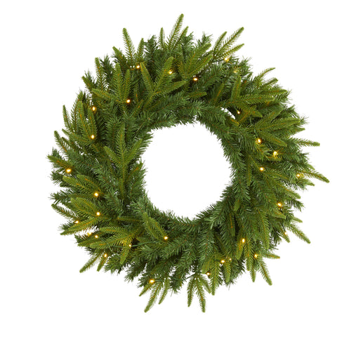 Nearly Natural front view of 24 inch pine wreath showing full shape and welcome appeal