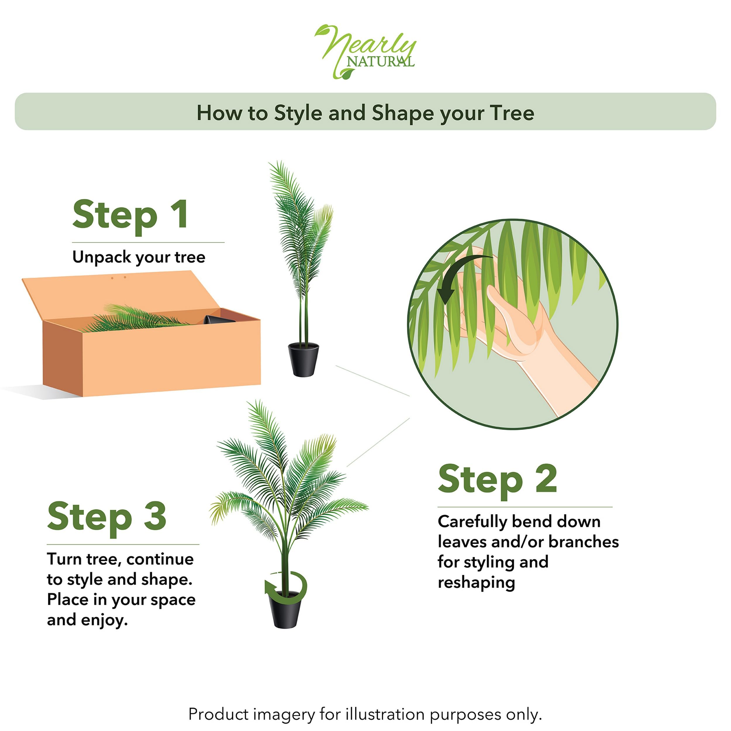 Nearly Natural palm next to sofa showing scale and proportion for room planning