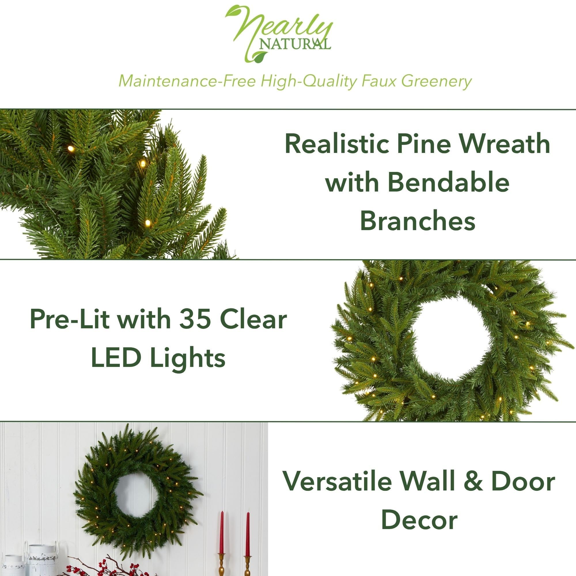 Nearly Natural lit wreath at night demonstrating warm LED glow and curb appeal